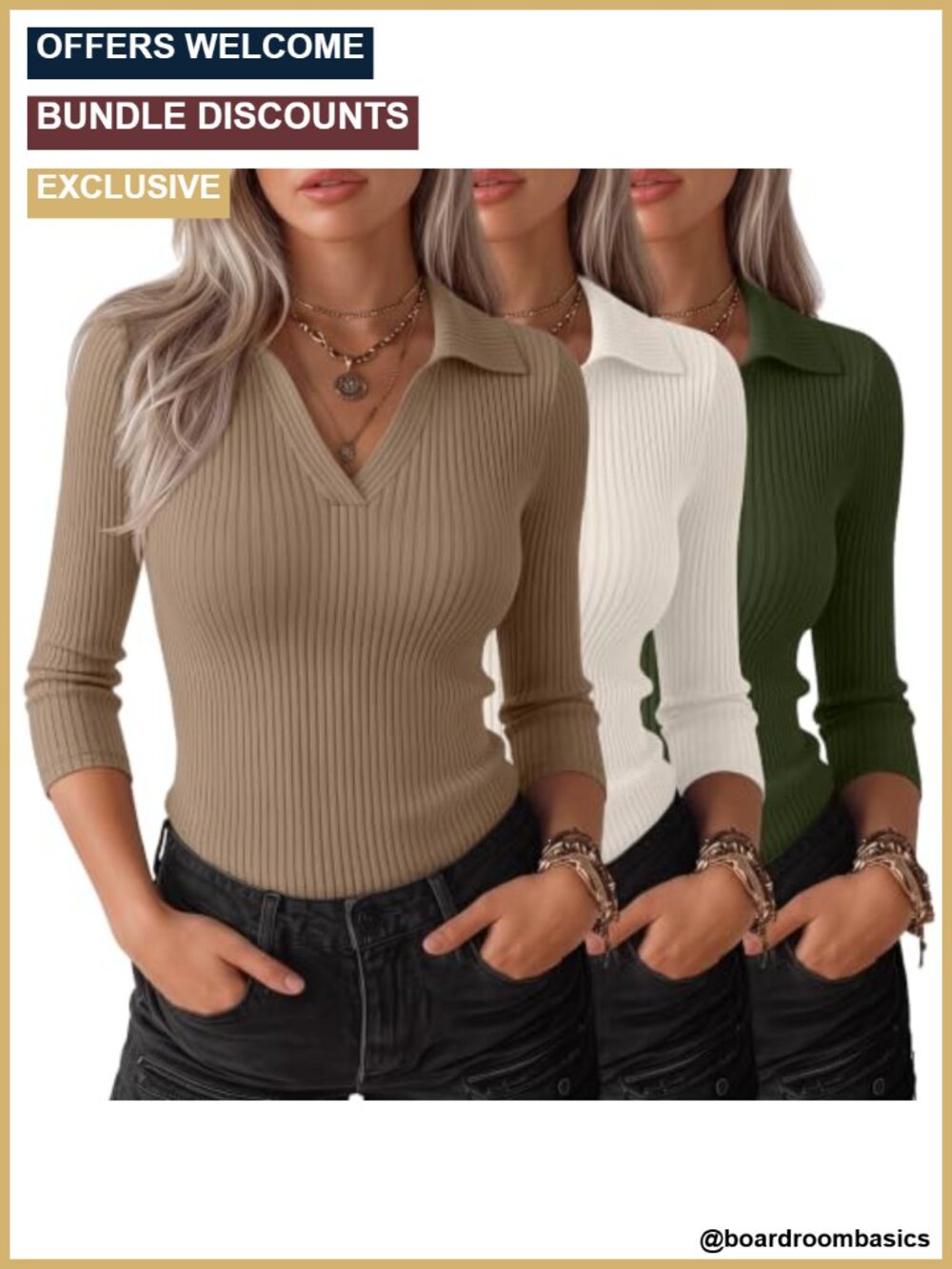 3 Pack Womens 3/4 Sleeve Polo Shirts Cotton Spandex Ribbed Knit Work Tops